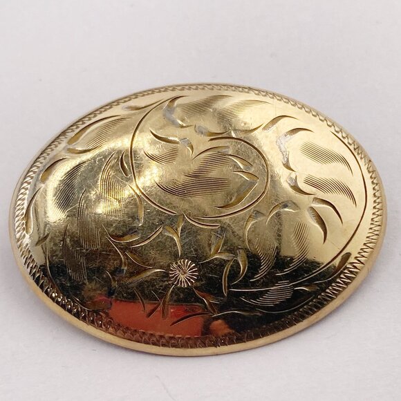 BURKHARDT Vintage etched gold-filled oval brooch with flower and leaf design pin - Picture 3 of 8